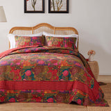 Greenland Home Fashions Jewel Cotton Kantha Quilted Bedspread Set - Jumbo Sized Reversible Quilt Set Floral Printed Red